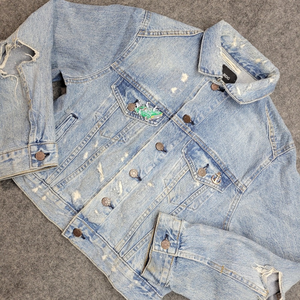 BDG Denim Jacket Womens Small Distressed Cropped Punker Rock Y2K Grunge Trucker